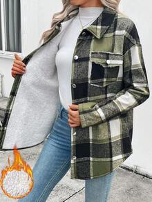 EMERY ROSE Women's Plaid Single-Breasted Casual Fleece Jacket, Autumn/Winter - Army Green - View 5
