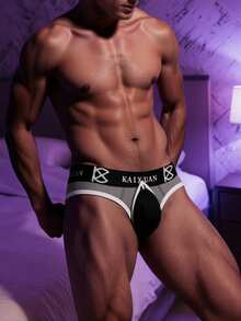 WENEZON Men's Naughty Dark Grey Knitted Fabric Letter Pattern Briefs With Tape Details