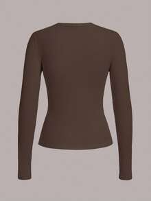 SHEIN BASICS 女式休闲纯色针织圆领长袖修身T恤 - 咖啡棕 - 查看 2
