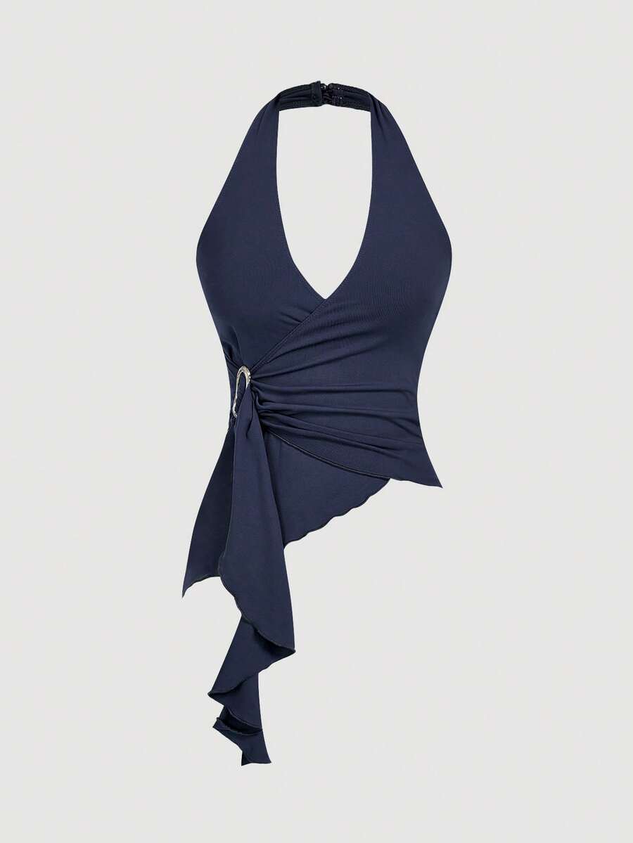 SHEIN MOD 休闲领带金属扣合身不对称下摆背心 - 藏蓝色 - 查看 1