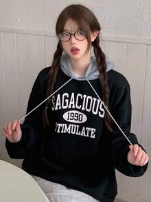 DAZY 女士休闲连帽长袖运动衫，秋冬 - 黑色 - 查看 8