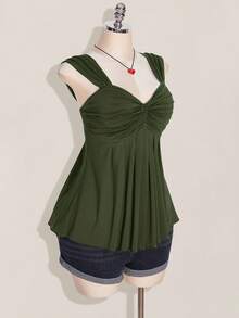 SHEIN ICON 大码女式黑色扭纹前部无袖娃娃装针织上衣，Y2K 风格，适合毕业/返校季，夏季可爱上衣 - 軍綠色 - 查看 5
