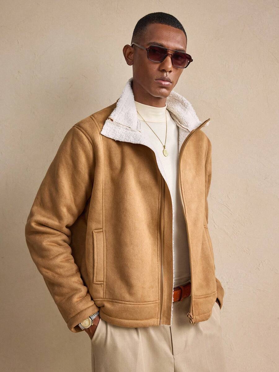 AKNOTIC Business Casual 男士休闲通勤抓绒长袖外套，秋冬季 - 駝色 - 查看 1
