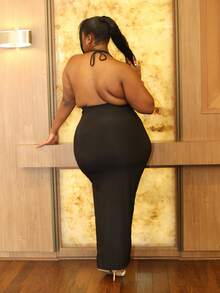 Hourglow Ceceforeign_ Plus Size Women's Minimalist Basic Dress, Elegant Ruched Front Halter Slit Backless Long Dress For Dating, Vacation, School, Formal Occasions, Black, Autumn,Birthday Dresses For Women, For Hourglass Body Shape, For Body Shape, For Summer - Black - View 2