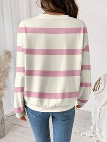 SHEIN LUNE Casual Minimalist Apricot Pink Striped Print Pattern Round Neck Loose Fit Women Sweatshirt, Suitable For Autumn/Winter,Fall,Fall Clothes For Women,Casual - Multicolor - View 2