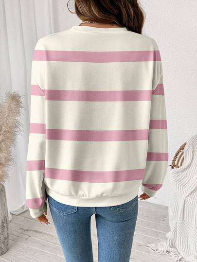 SHEIN LUNE Casual Minimalist Apricot Pink Striped Print Pattern Round Neck Loose Fit Women Sweatshirt, Suitable For Autumn/Winter,Fall,Fall Clothes For Women,Casual