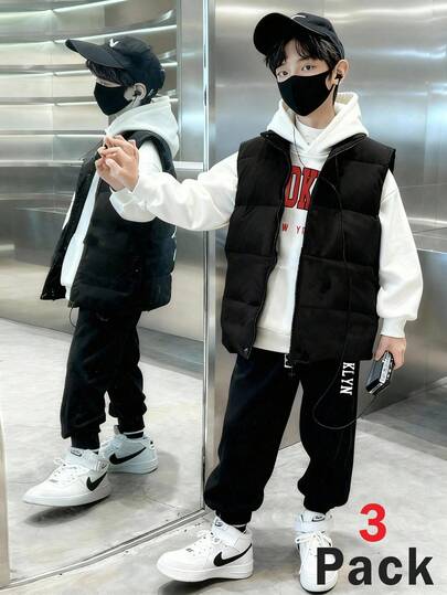 SHEIN 3件套男童休闲连帽套头衫，保暖内衬长袖字母印花卫衣，纯色抽绳长裤和背心三件套，适合通勤、上学、休闲、旅行、运动，春夏秋冬皆宜。