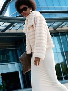 Lumivelle Oversized Collar Short Faux Fur Raccoon Jacket - Apricot - View 4