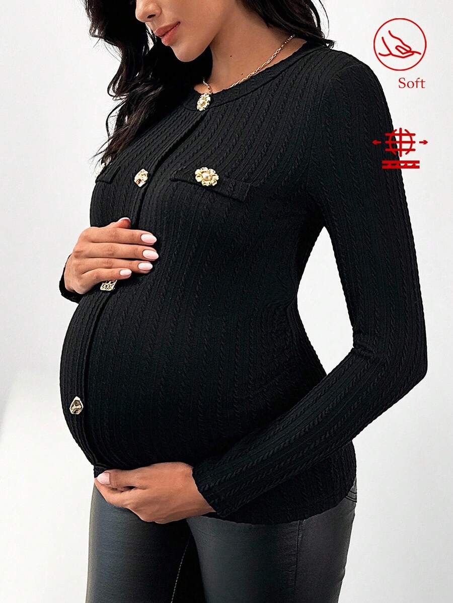 MaterniWear Áo thun bầu màu trơn, họa tiết hoa kim loại, cổ tròn, tay dài, ôm dáng, có gân, thích hợp mặc trong bụng mẹ, áo bầu cho phụ nữ mang thai, áo bầu thanh lịch, áo kiểu nữ màu đen sang trọng. - màu đen - Xem 1