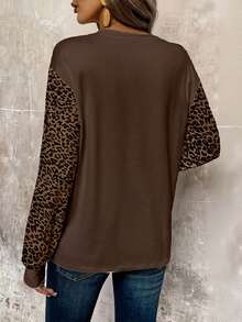 EMERY ROSE 女式休闲豹纹拼布T恤，秋季 - 白色 - 查看 2