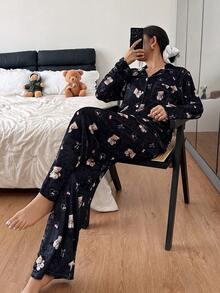 SHEIN Bộ đồ ngủ tay dài in họa tiết gấu lưới nhung lãng mạn dành cho nữ, quần áo thu đông - màu đen - Xem 4