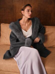 MOTF PREMIUM WOOL BELTED CONTRAST FAUX FUR OVERCOAT - Grey - View 8