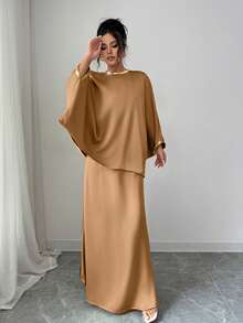 Selianne 女士纯色亮片蝙蝠袖上衣和半裙优雅两件套 - 卡其色 - 查看 5