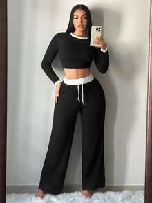 SHEIN PETITE CURVE 2件套加大码女式撞色修身长袖上衣和裤子套装 - 黑色 - 查看 3