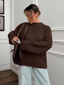 EURMUSE Women Solid Color Mock Neck Cable Knit Detailed Sleeve Drop Shoulder Pullover - Brown - View 3