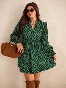 Elaquor Plus Size Colorblock Print Long Sleeve Dress/Fall/Winter Plus Size Shirt Dress - Dark Green - View 6