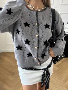 Livesso Cardigan casual feminino com estampa de estrelas, outono