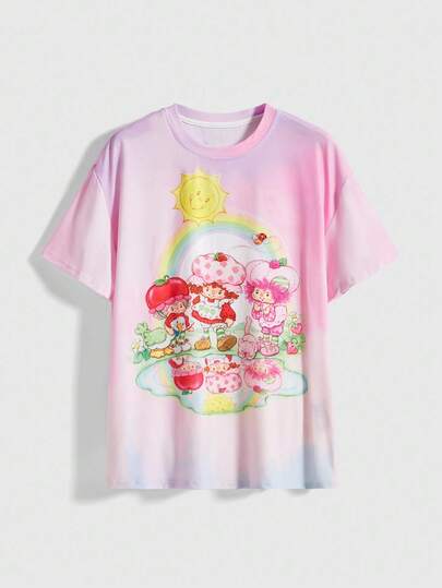 Strawberry Shortcake | ROMWE Camiseta feminina folgada com estampa de waffle e morango e tie-dye