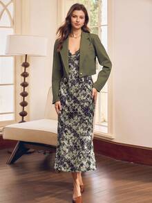 SHEIN Clasi Conjunto de 2 piezas de chaqueta corta de blazer con vestido de volantes florales, elegante y lujoso, adecuado para otoño/invierno, Halloween, Acción de Gracias, fiestas de Año Nuevo - Verde - Ver 4