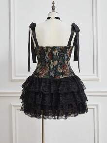 Sweetness Vintage Romantic Garden Gothic Oil Painting Floral Lace Ruffle Patchwork Plus Size Women Dress With Pants - Black - View 7