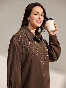 Momelise Plus Size Solid Color Bubble Bead & Rhinestone Embellished Business Casual Party Jacket, Autumn/Winter - Brown - View 7
