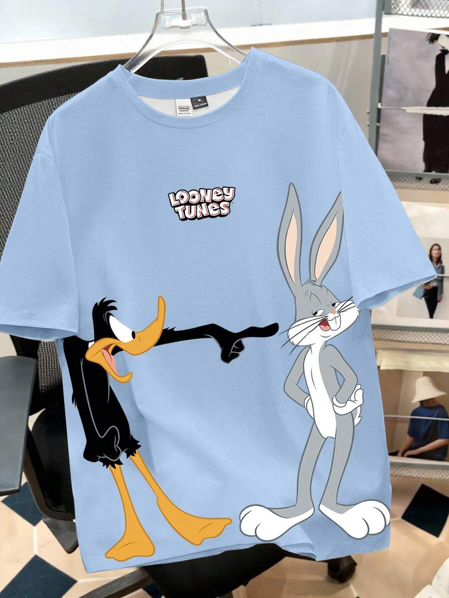 Looney Tunes X Manfinity Manfinity Joysei Men's Casual Everyday Commute Funny Cartoon & Letter Print Loose T-Shirt, Summer Baby Blue T Shirt - Blue - View 1