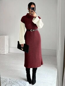 EURMUSE 女式休闲拼色高领针织连衣裙，秋冬 - 紅色 - 查看 4