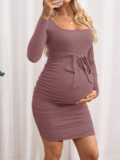 SHEIN Fall Clothes,Autumn Clothes,Maternity Autumn/Winter Clothes Maternity   Maternity Solid Color Square Neck Long Sleeve Ruched Waist Fitted Midi Dress Bump Friendly Dress Ribbed Knit Dress Pregnancy Clothes Maternity Dress Front Tie Dress Tie Waist Dress Ruched Dress Tie Front Maternity Dress Ruched Maternity Dress
