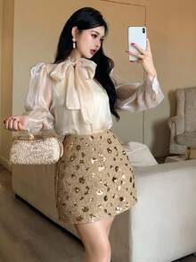 DAZY 女士优雅亮片装饰紧身迷你裙，秋冬季女士嘉年华裙装 - 金色 - 查看 3