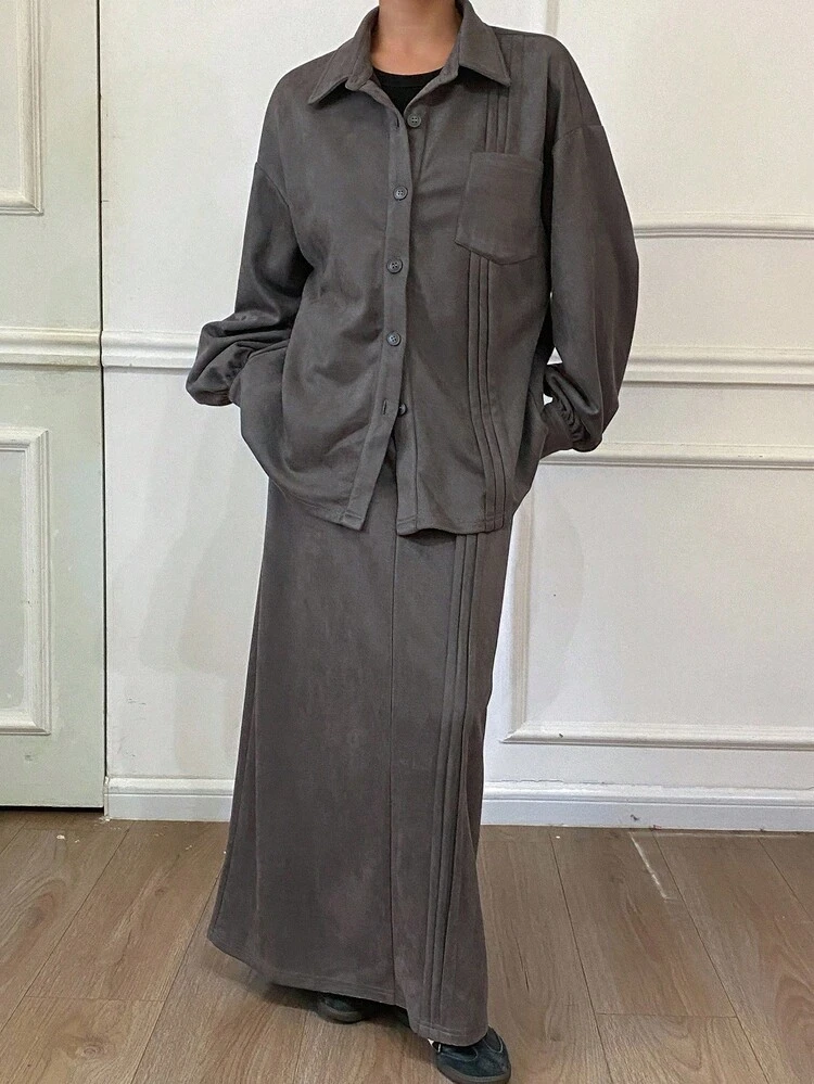 Women's Casual Gray Collared Top And Skirt 2 Pieces Set, Autumn