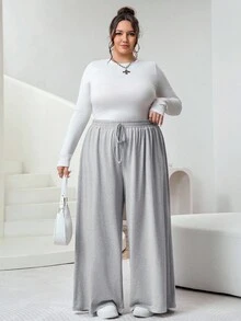 SHEIN CURVE+ Plus Size Women Black Gray Two Pieces Suit Plus Size Wide Leg Pants Pants