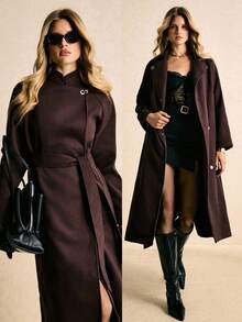 Poéselle 女士粗花呢外套，配金属扣和装饰腰带。巧克力棕色。长款粗花呢外套。时尚百搭的女士大衣，秋冬季保暖女装，女士秋季服装，女士冬季外套，女士冬季夹克，新年女士服装，秋冬季舒适女装。 - 棕色 - 查看 8