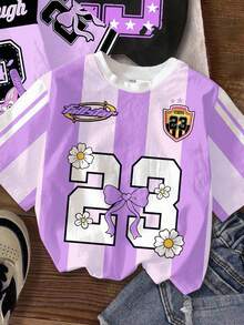 SHEIN Leap Crew 3 件套青少年女孩休闲图案 T 恤，复古街头风格，兔子，花卉，数字 23，条纹图案，短袖圆领 T 恤，紫色和黑色，夏季 - 彩色 - 查看 3