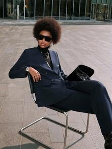 Lumivelle 2 件套高端西装套装，长袖夹克和裤子，专业通勤装 - 藏蓝色 - 查看 7