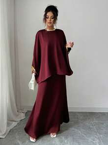 Elenzga Conjunto elegante de 2 piezas con blusa de manga murciélago con lentejuelas de unicolor y falda - Burdeos - Ver 4