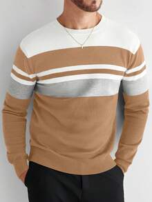 Manfinity Homme 男士条纹圆领长袖休闲毛衣，秋冬 - 駝色 - 查看 7
