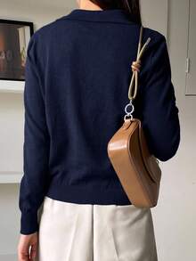 DAZY Women's Basic Casual Bow Collar Pullover Sweater - Navy Blue - View 2