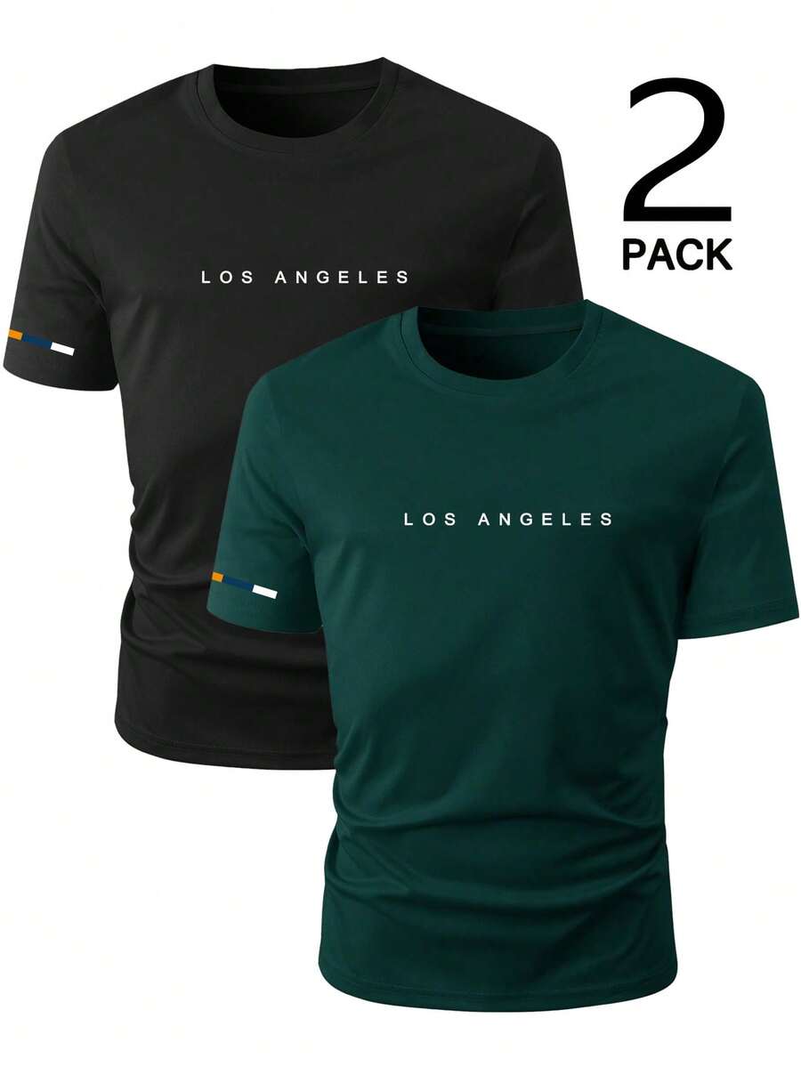 Manfinity Homme 男士休闲字母印花短袖T恤，夏季 - 墨綠色 - 查看 1