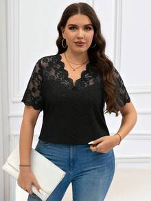 Reflora Camiseta de manga corta de tallas grandes, de color liso con parches de encaje - Negro - Ver 6