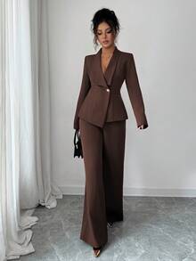 Elenzga 女士西装套装，西装面料，翻领，长袖，腰部收紧 A 字形不对称下摆，金属纽扣装饰，精致优雅，适合办公室、通勤、街头风格、法式浪漫、休闲、中东复古、下午茶、派对、感恩节、返校、春/秋/冬 - 巧克力棕 - 查看 5