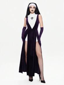 ROMWE Avant Váy hóa trang Halloween in hình chữ thập màu tương phản cổ đứng tối màu - Màu tím - Xem 6