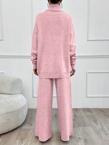 EURMUSE High Neck Drop Shoulder Sweater & Ribbed Pant Set - Baby Pink - View 2