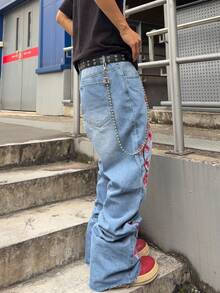 ROMWE MEN Grunge Punk 男士花卉刺绣口袋阔腿宽松休闲牛仔裤 - 藍色 - 查看 5