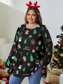 SHEIN CURVE+ Áo thun tay dài cổ tròn in khẩu hiệu Giáng sinh hình người bánh gừng cỡ lớn dành cho nữ - Nhiều màu - Xem 5