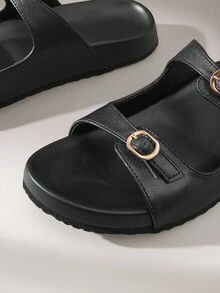 Solecia Sandalias planas casuales de slip-on negras para mujer - Negro - Ver 4