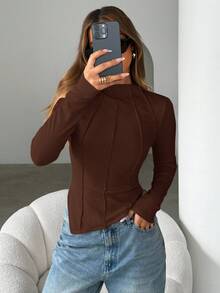 Siren Gaze Ladies' Plain V-Neck Slit Sleeve T-Shirt Winter Brown Casual Spring - Brown - View 5
