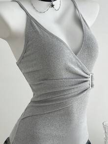 Elamini 女士休闲百搭纯色裹身吊带背心 - 灰色 - 查看 6