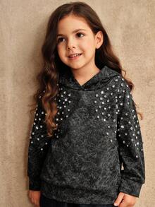 SHEIN 年轻女孩高品质黑色长袖连帽运动衫，水钻装饰宽松家庭装，秋冬 - 黑色 - 查看 4