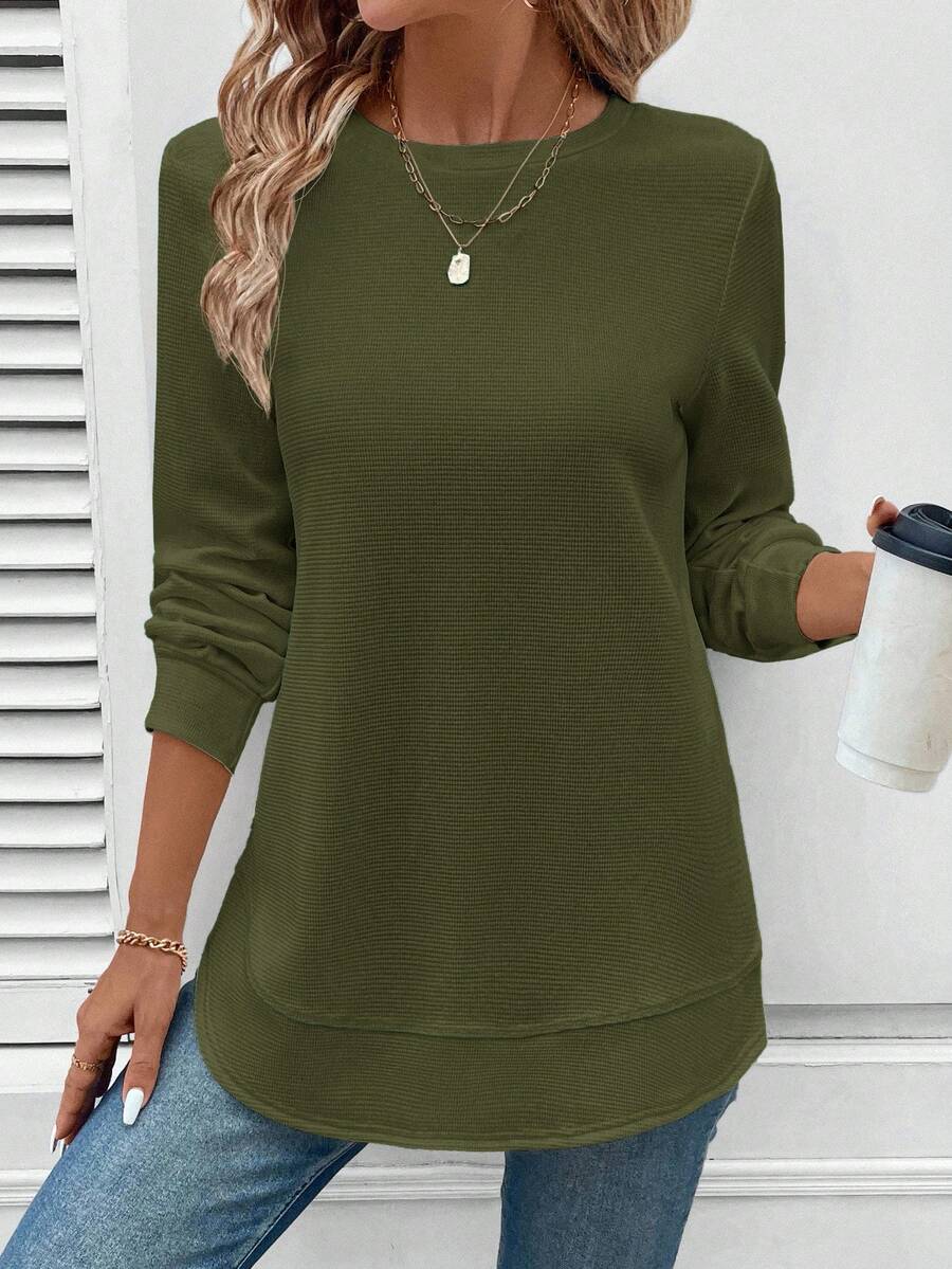 SHEIN LUNE Moletom feminino casual confortável com gola redonda e bainha assimétrica, textura waffle, blusa básica verde-oliva, blusa feminina de manga comprida, blusa de cor sólida, blusa verde de manga comprida, roupas de outono e inverno para mulheres