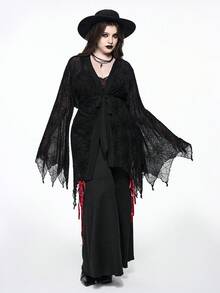 ROMWE Plus Size Women Gothic Party Bat Wing Spider Web Flocked Lace-Up Front Top, Halloween - Black - View 7